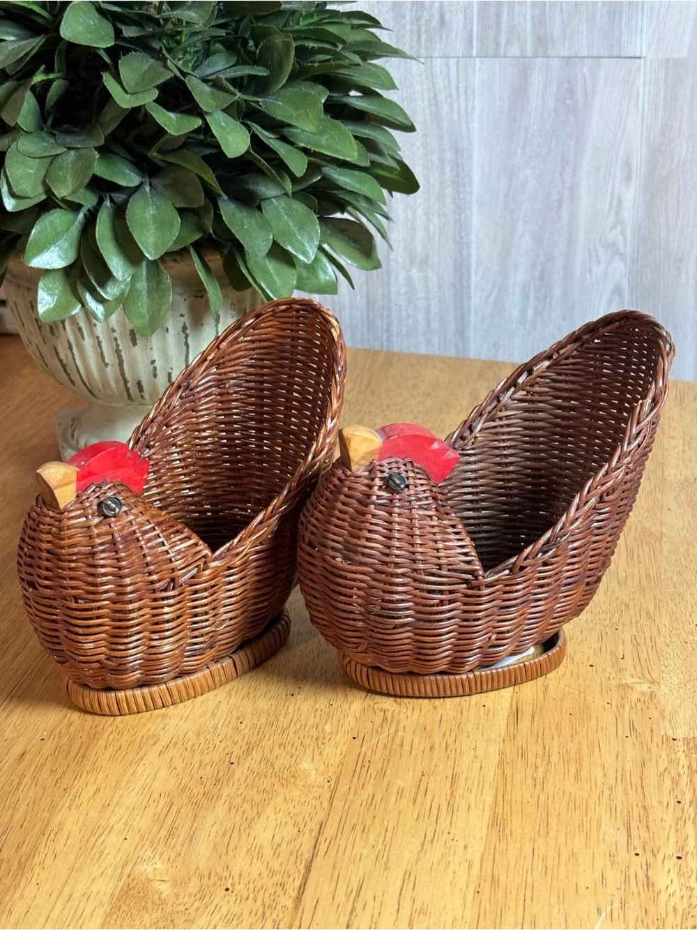 Vintage Pair of Mini Woven Wicker Chicken Baskets with Red Wooden Combs